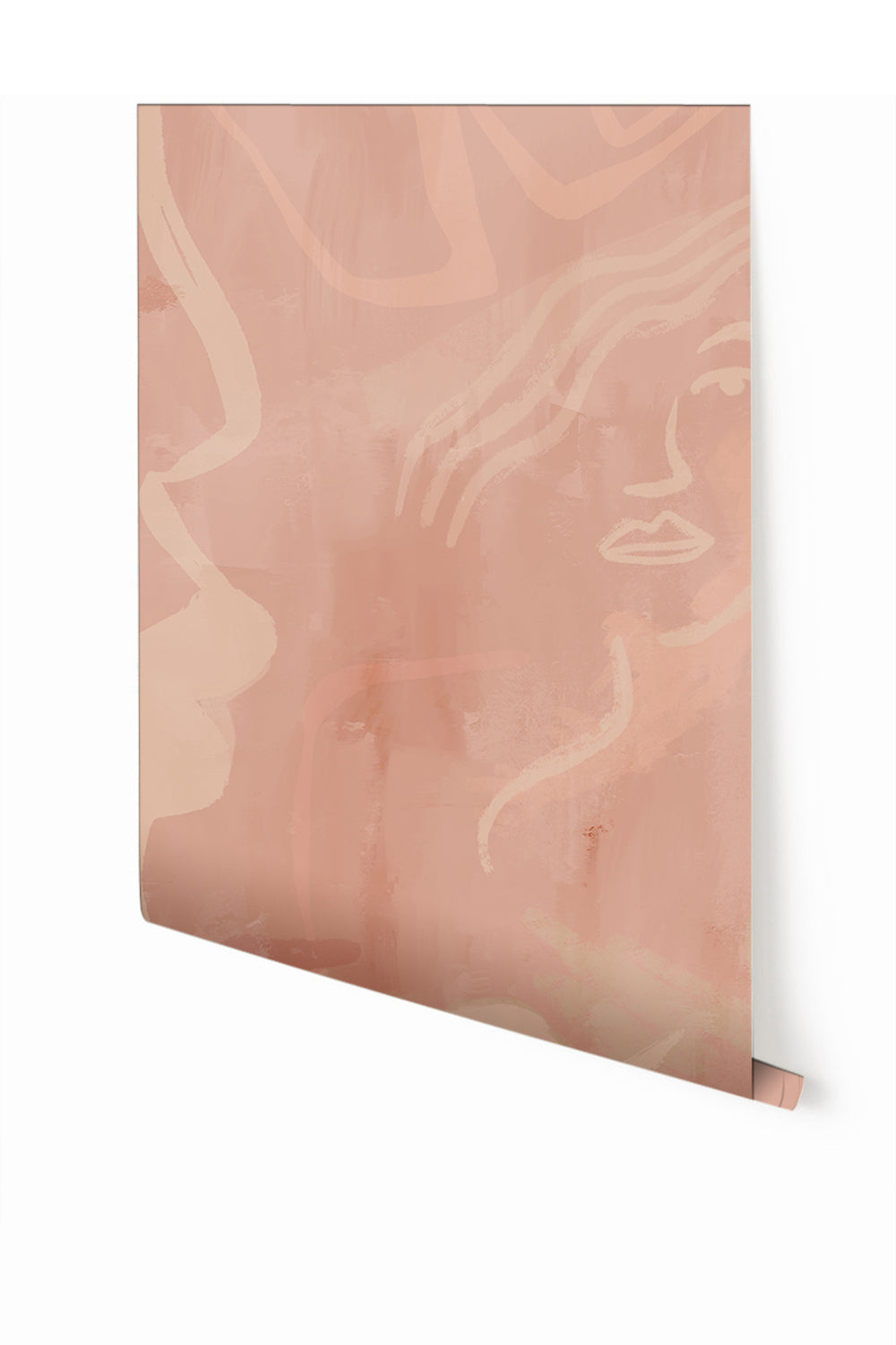 A section of mural wallpaper in rose pink with an abstract design, showing overlaps at the edges from drop it MODERN.
