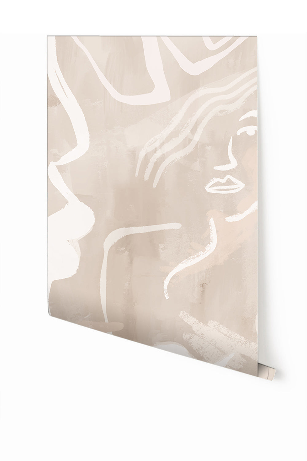 A section of mural wallpaper depicting an abstract face in beige, brown, and white tones from drop it MODERN.