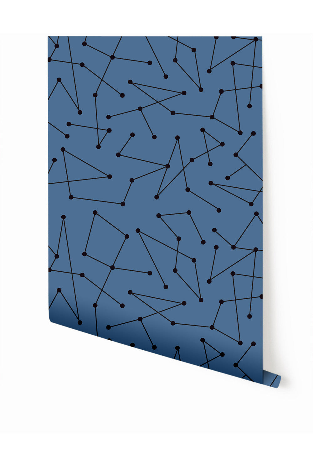 A roll of wallpaper with a geometric dot-to-dot pattern in a sky blue color from drop it MODERN.