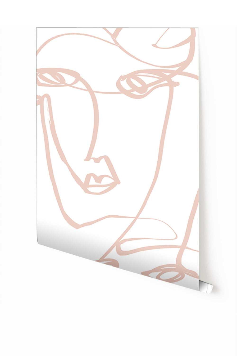 A panel of wallpaper featuring an abstract line drawing of a female face in a soft pink color on a white background from drop it MODERN.