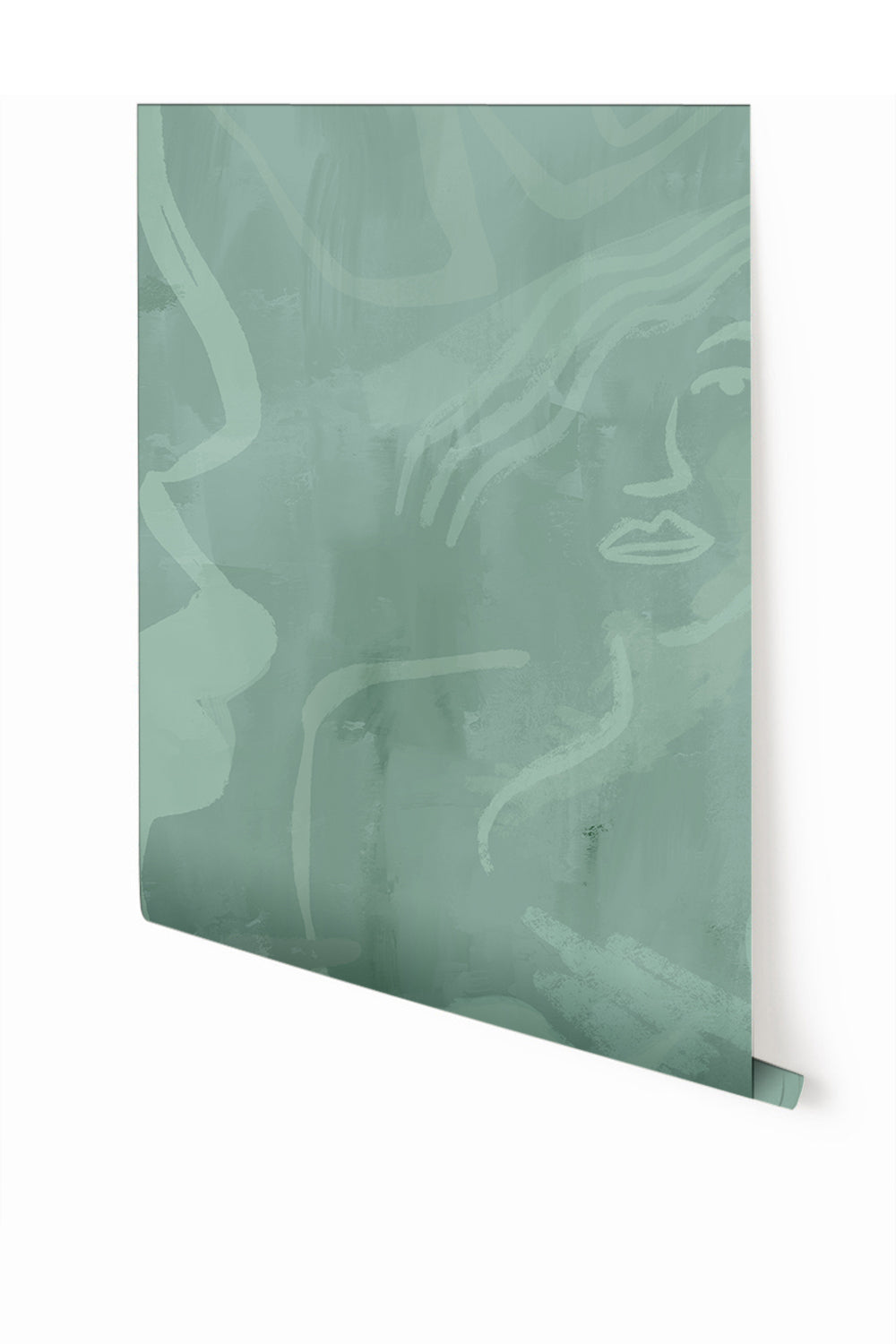 A section of mural wallpaper in teal color with an abstract design that includes what appears to be face-like features from drop it MODERN.