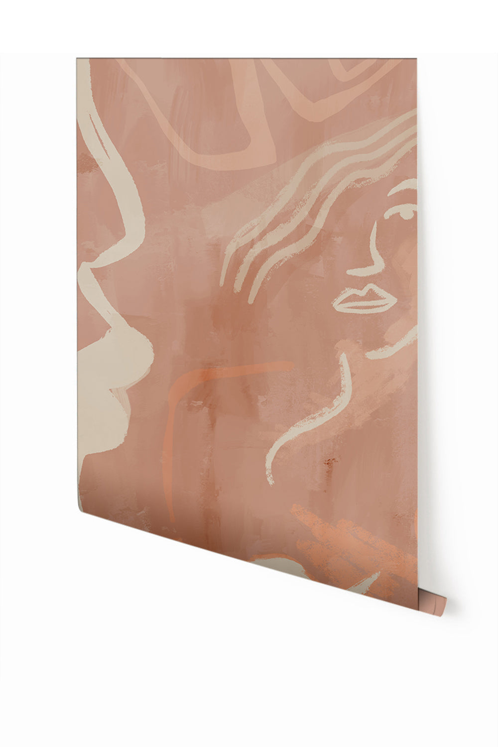 A section of mural wallpaper depicting abstract line art in beige, brown, and white colors on a terracotta background from drop it MODERN.