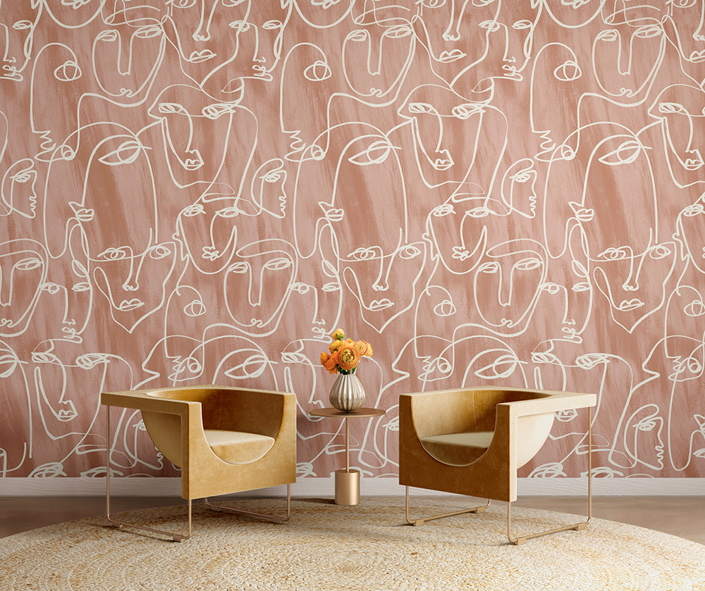 The Femme© Wallpaper in Terracotta in a lounge area from drop it MODERN.