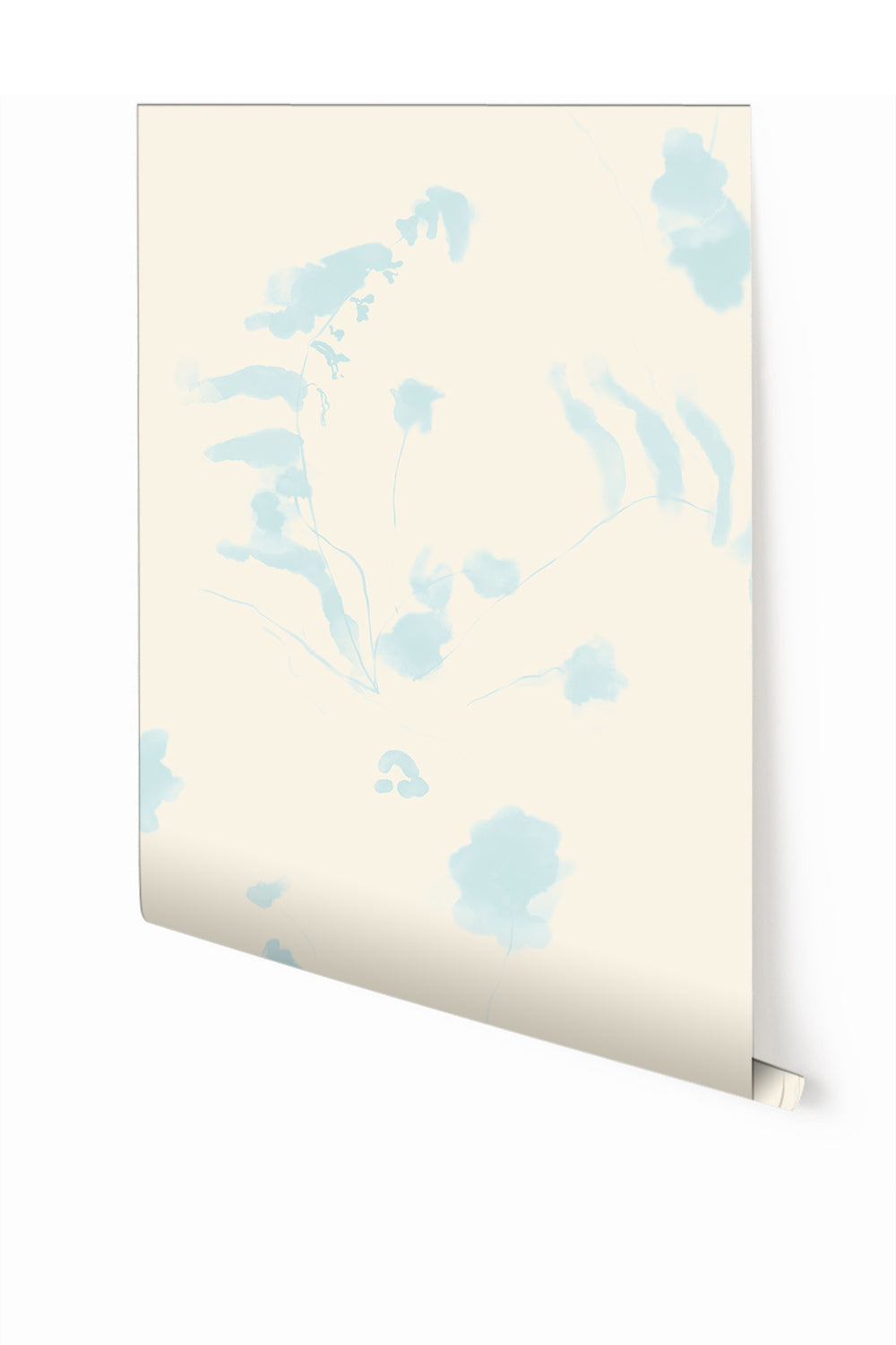 A roll of wallpaper featuring a pastel blue floral pattern on a beige background from drop it MODERN.